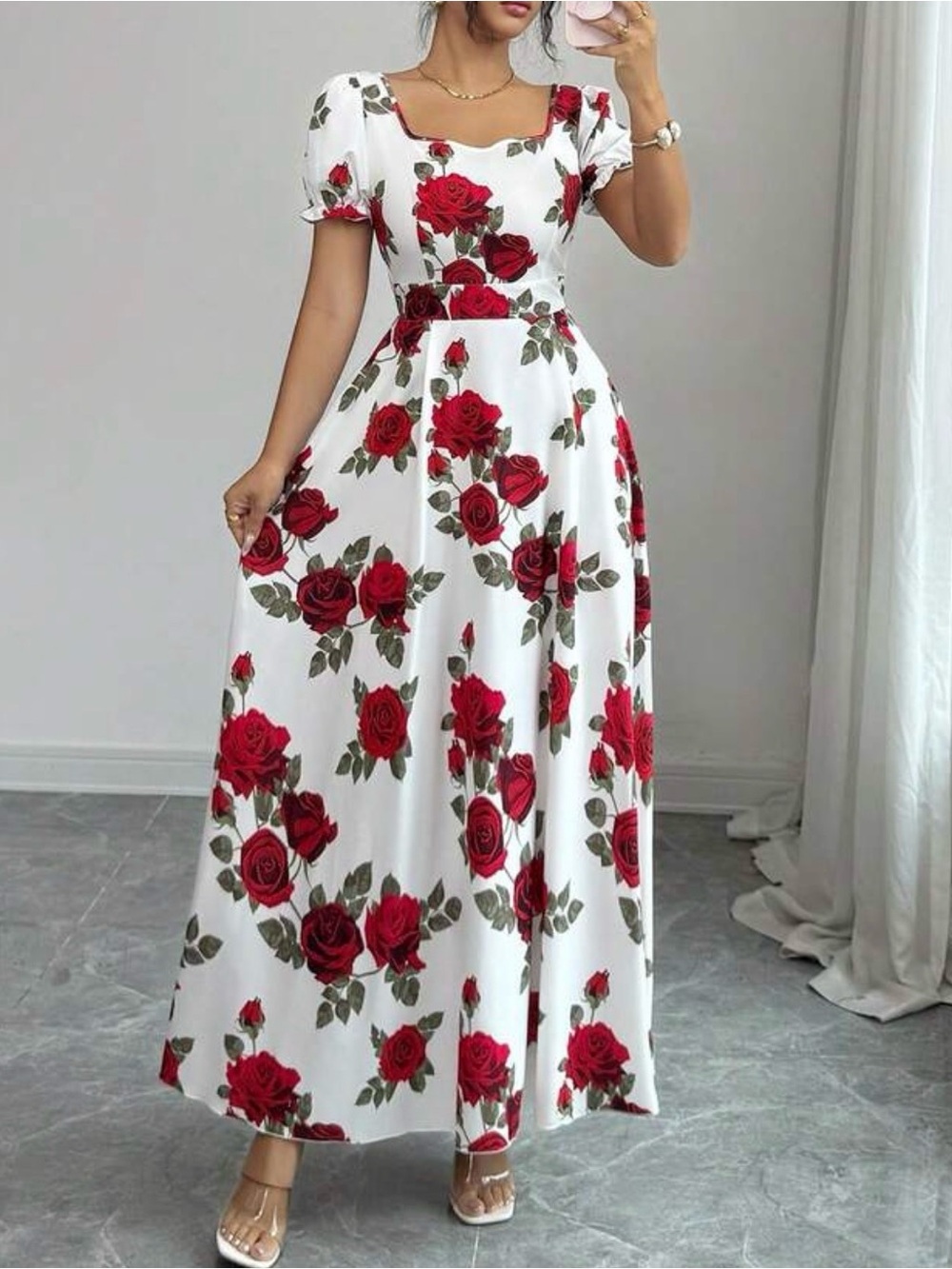 White Maxi Dress with Red Rose Print and Square Neck